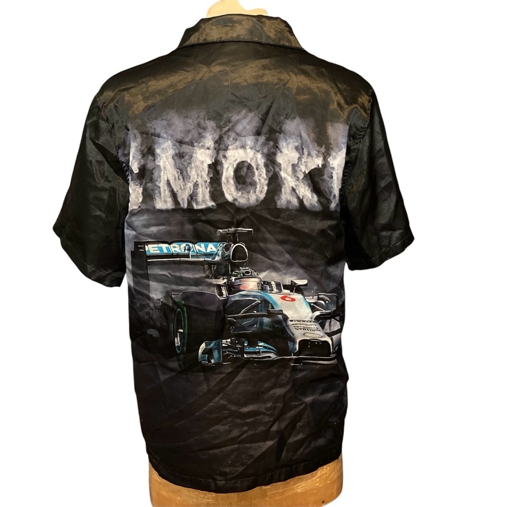Copper Rivet Satin Men's Black Racing Graphic Shirt - thread pulls - Picture 2 of 12